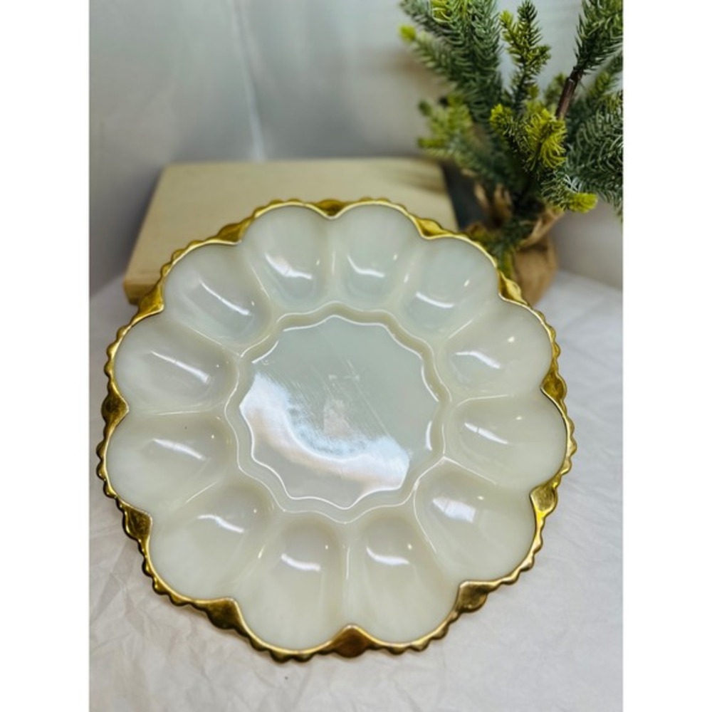 Vintage Anchor Hocking Milk Glass Egg Tray with Gold Trim‎ 10in